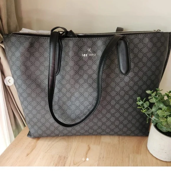 NINE WEST MONOGRAM TOTE WITH BLACK LEATHER TRIM - Picture 2 of 9